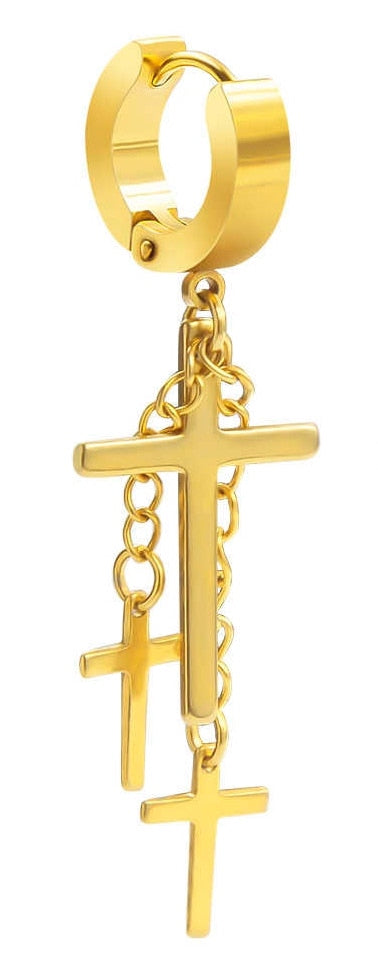 14K Yellow Gold Stainless Steel triple cross Dangle Huggie Hinged Hoop Earrings - Hypoallergenic Metal