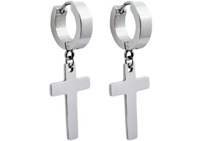 Dangling Cross Hoop Earrings | With 14k White Gold Plated Stainless Steel Cross