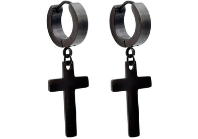 Dangling Cross Hoop Earrings | Black Plated on Stainless Steel