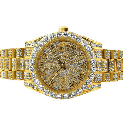 14K Gold Iced Out Luxury Baron Watch | Yellow Gold