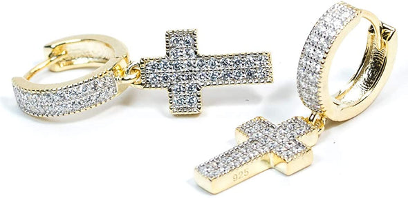 14K Yellow Gold Coated Cross Drop Dangle Huggie Hoop Earrings  With Lab Dimonds