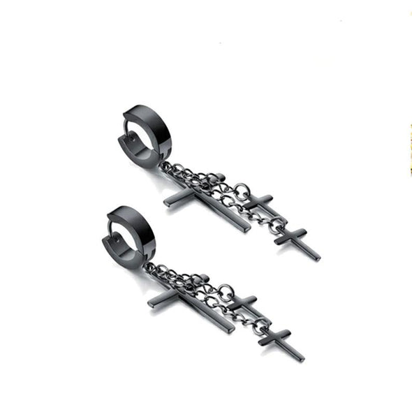 Black IP Stainless Steel triple cross Dangle Huggie Hinged Hoop Earrings - Hypoallergenic Metal